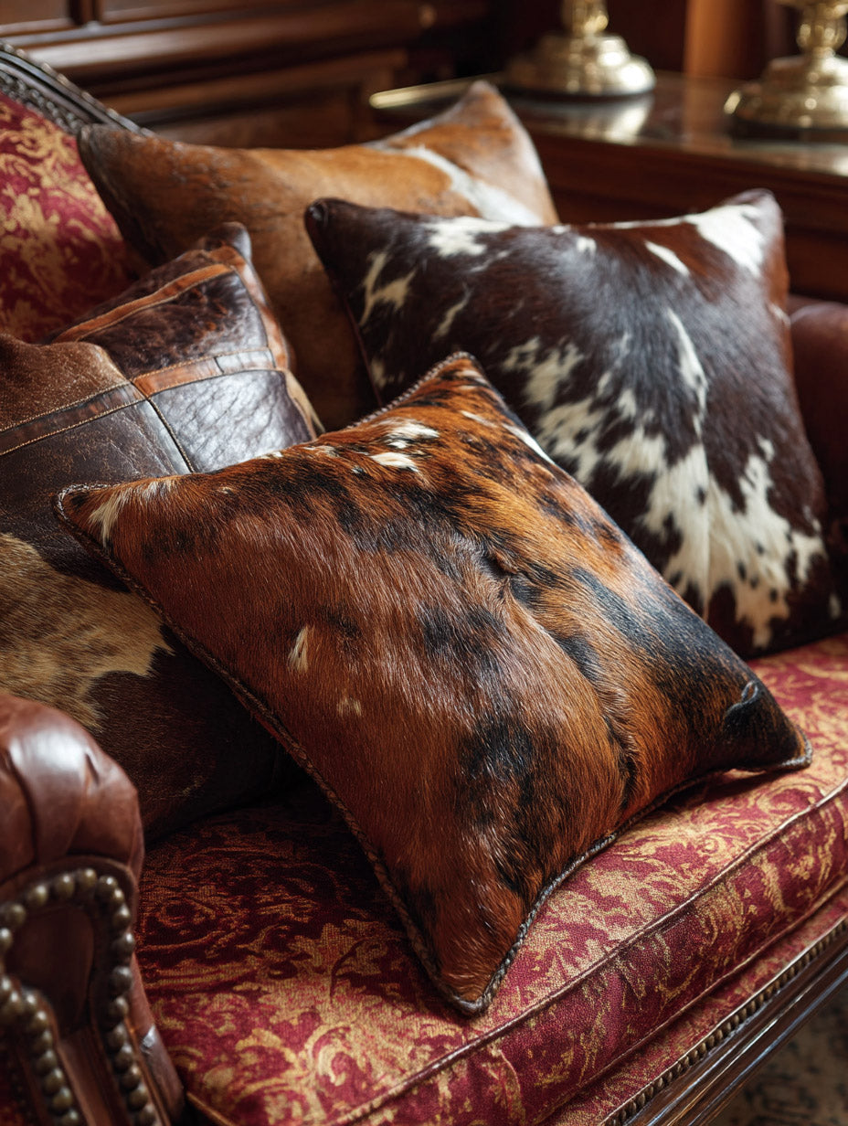 Girl standing with pair of cowhide pillows