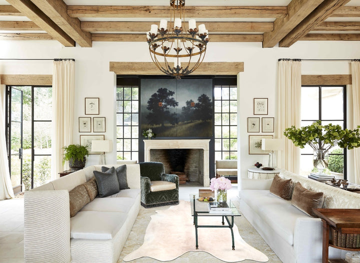 Ivory with Beige XX-Large Brazilian Cowhide Rug 8'0"H x 7'3"W #A32952 by Hudson Hides