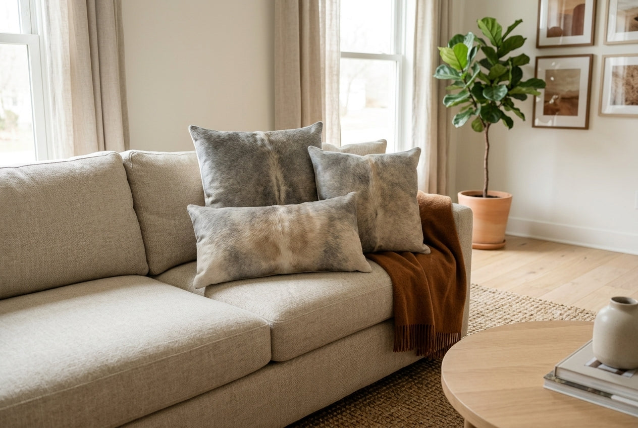 Grey with Beige Cowhide Pillows