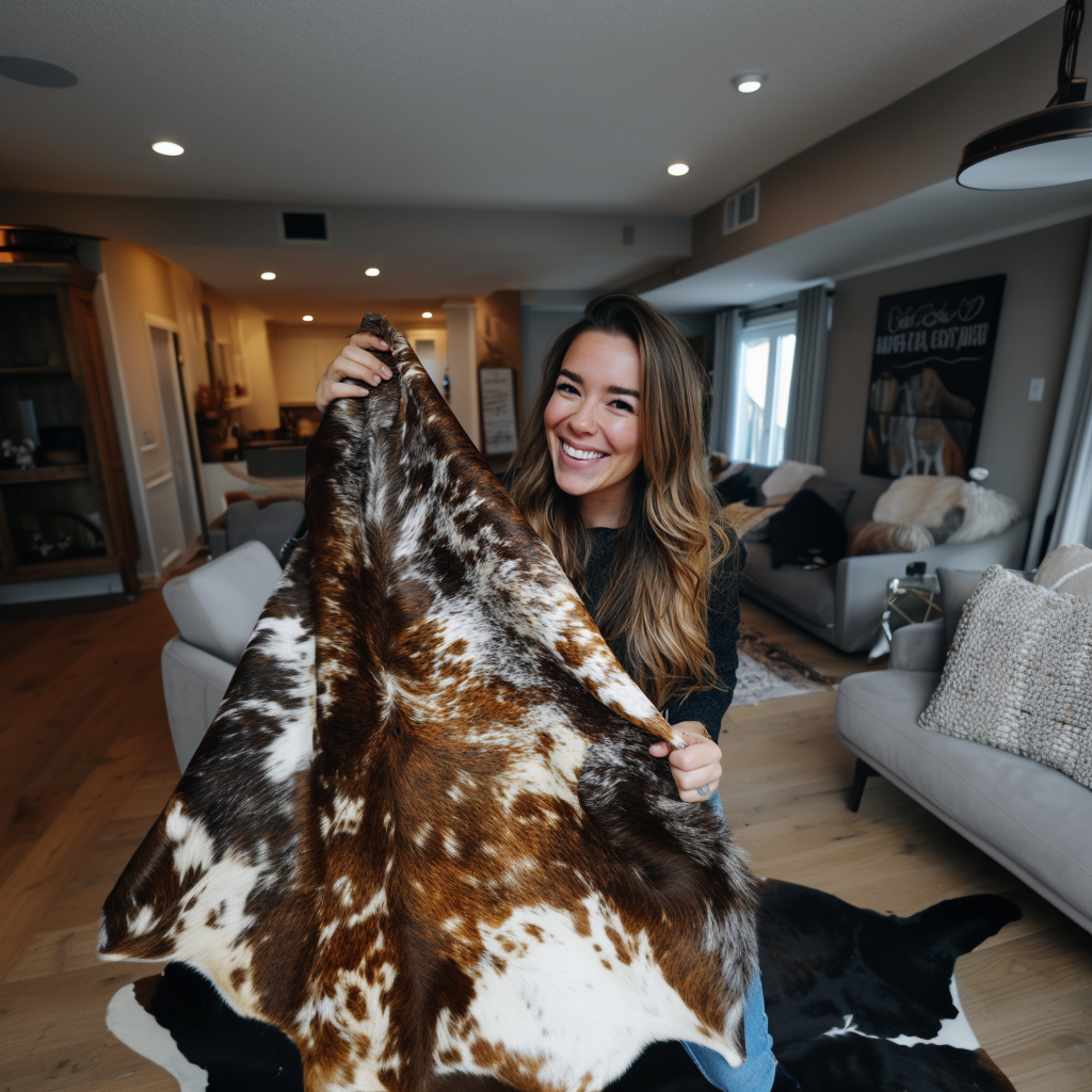 Interior Designer holding Cowhide Rug
