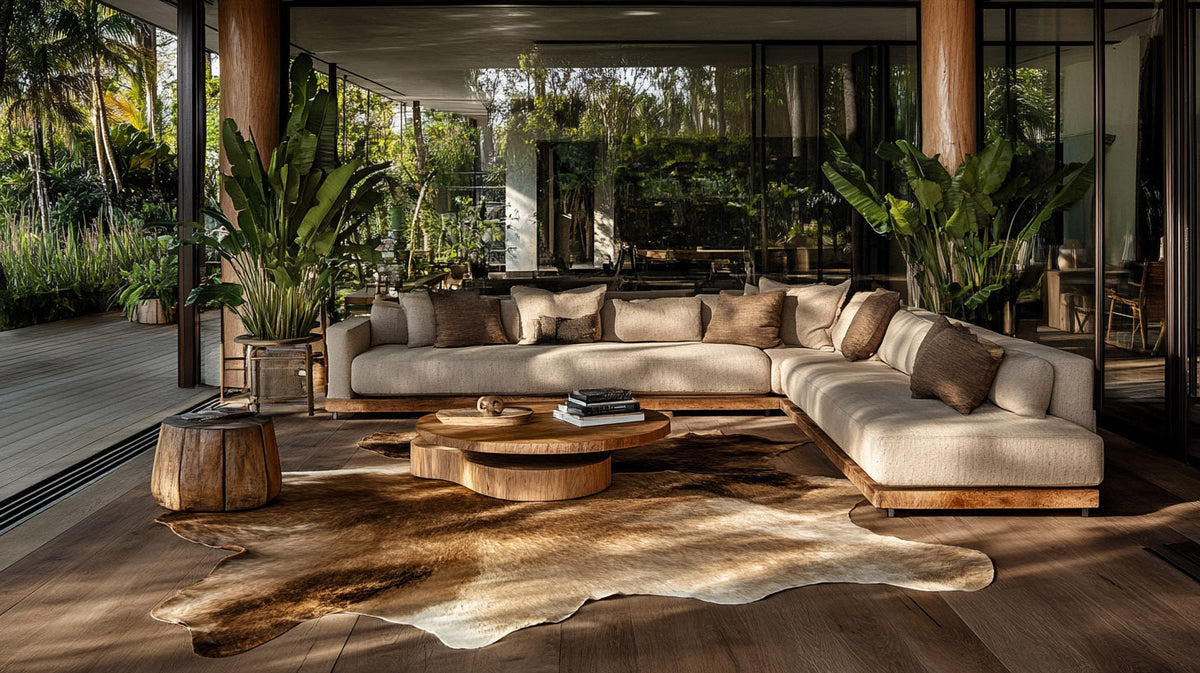 Modern living room with a cowhide rug as the centerpiece.