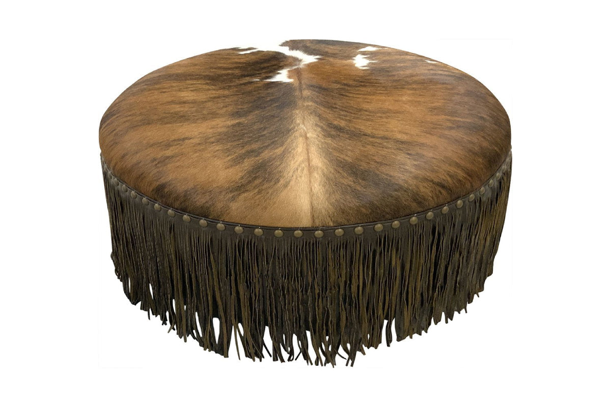 Cowhide Ottoman - 36" Round Fringed