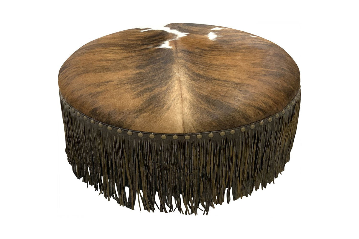 36" Round Fringed Cowhide Ottoman