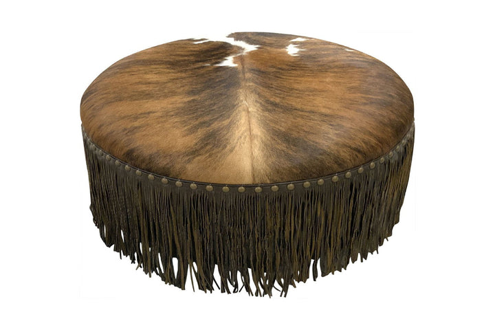 Cowhide Ottoman - 36" Round Fringed