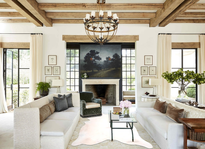 Ivory with Beige X-Large Brazilian Cowhide Rug 7'3"H x 6'7"W #A29891 by Hudson Hides