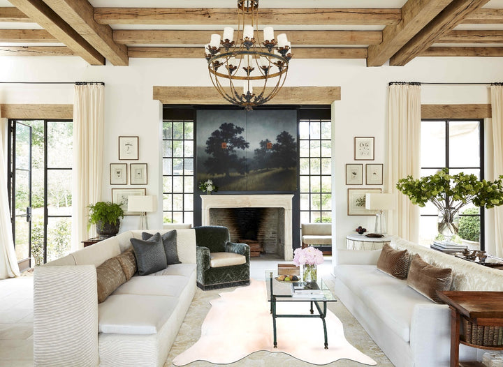 Ivory with Beige XX-Large Brazilian Cowhide Rug 7'11"H x 7'3"W #A30594 by Hudson Hides