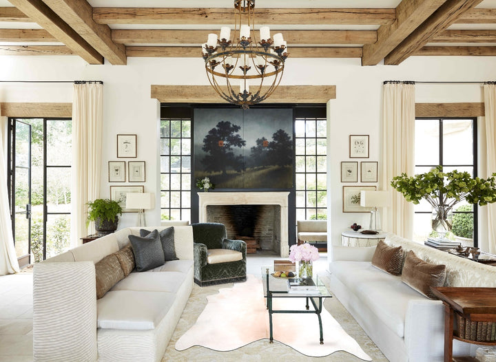 Ivory with Beige XX-Large Brazilian Cowhide Rug 8'0"H x 6'10"W #A31578 by Hudson Hides