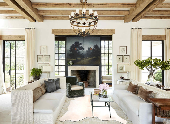 Ivory with Beige XX-Large Brazilian Cowhide Rug 7'8"H x 7'7"W #A31689 by Hudson Hides