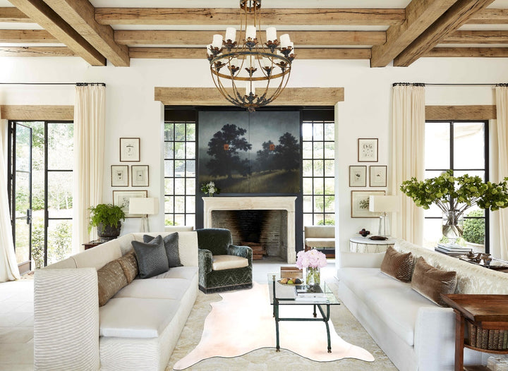 Ivory with Beige XX-Large Brazilian Cowhide Rug 7'9"H x 7'1"W #A31830 by Hudson Hides