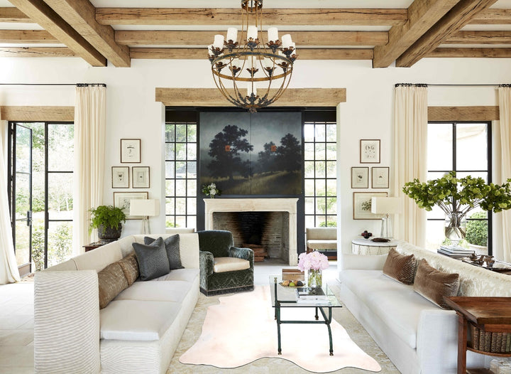 Ivory with Beige XX-Large Brazilian Cowhide Rug 7'8"H x 7'3"W #A31901 by Hudson Hides