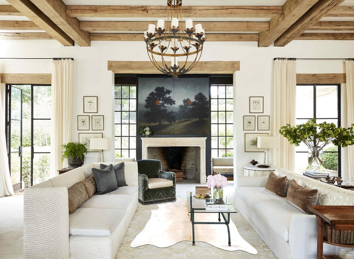 Beige and White X-Large Brazilian Cowhide Rug 6'8"H x 6'1"W #B15486 by Hudson Hides