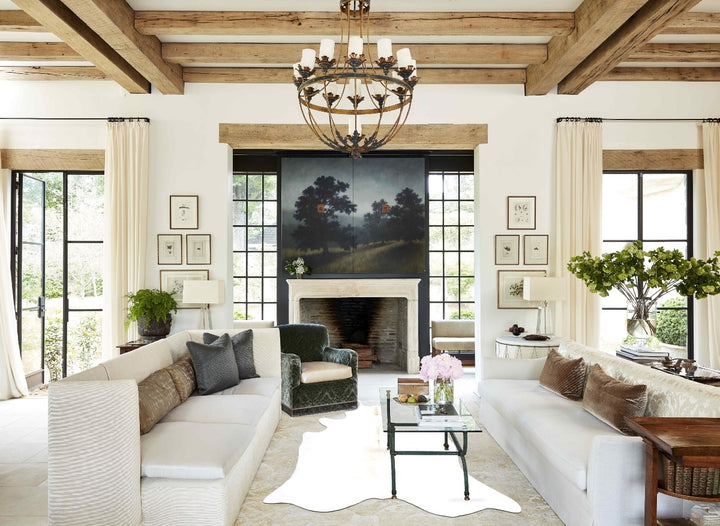 Beige and White X-Large Brazilian Cowhide Rug 7'1"H x 6'1"W #B15683 by Hudson Hides