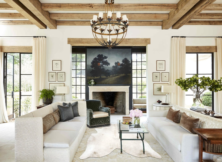Ivory with Beige XX-Large Brazilian Cowhide Rug 7'4"H x 6'11"W #B16385 by Hudson Hides