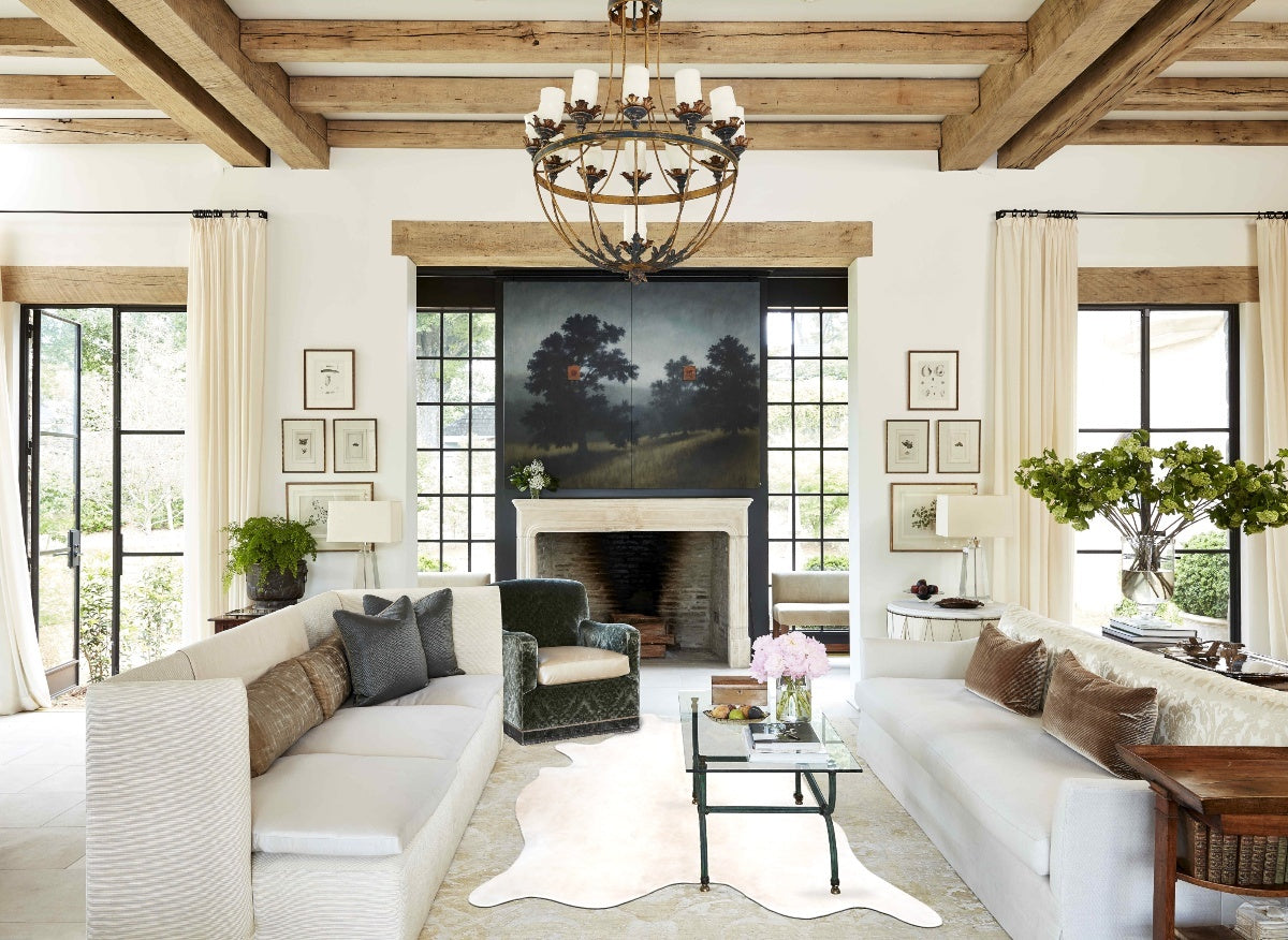 Ivory with Beige XX-Large Brazilian Cowhide Rug 8'4"H x 6'7"W #B16940 by Hudson Hides
