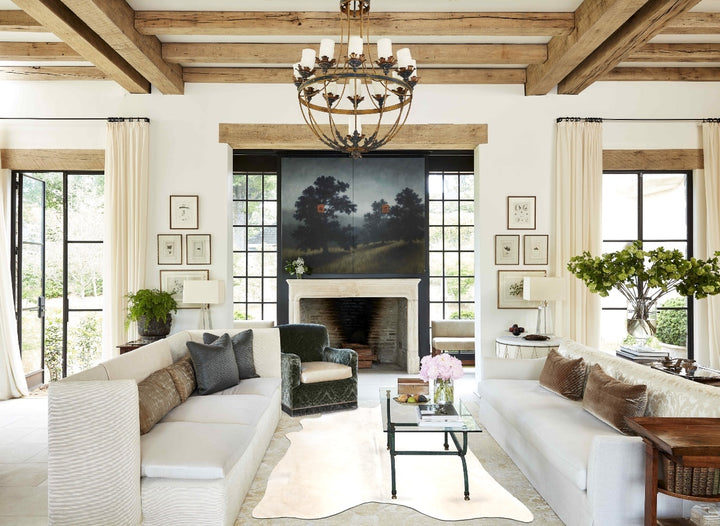 Ivory with Beige X-Large Brazilian Cowhide Rug 6'10"H x 6'0"W #B4221 by Hudson Hides