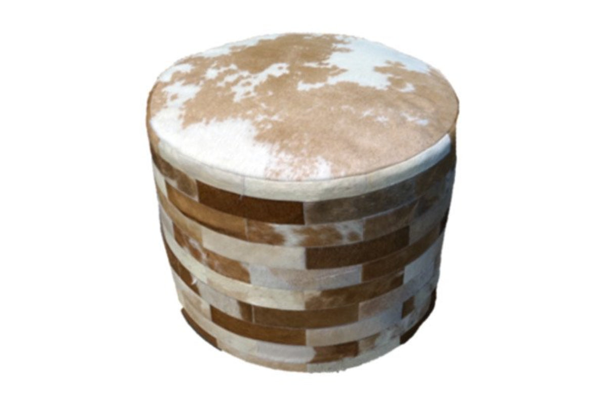 Cowhide 24" Round Patchwork Ottoman - light brown