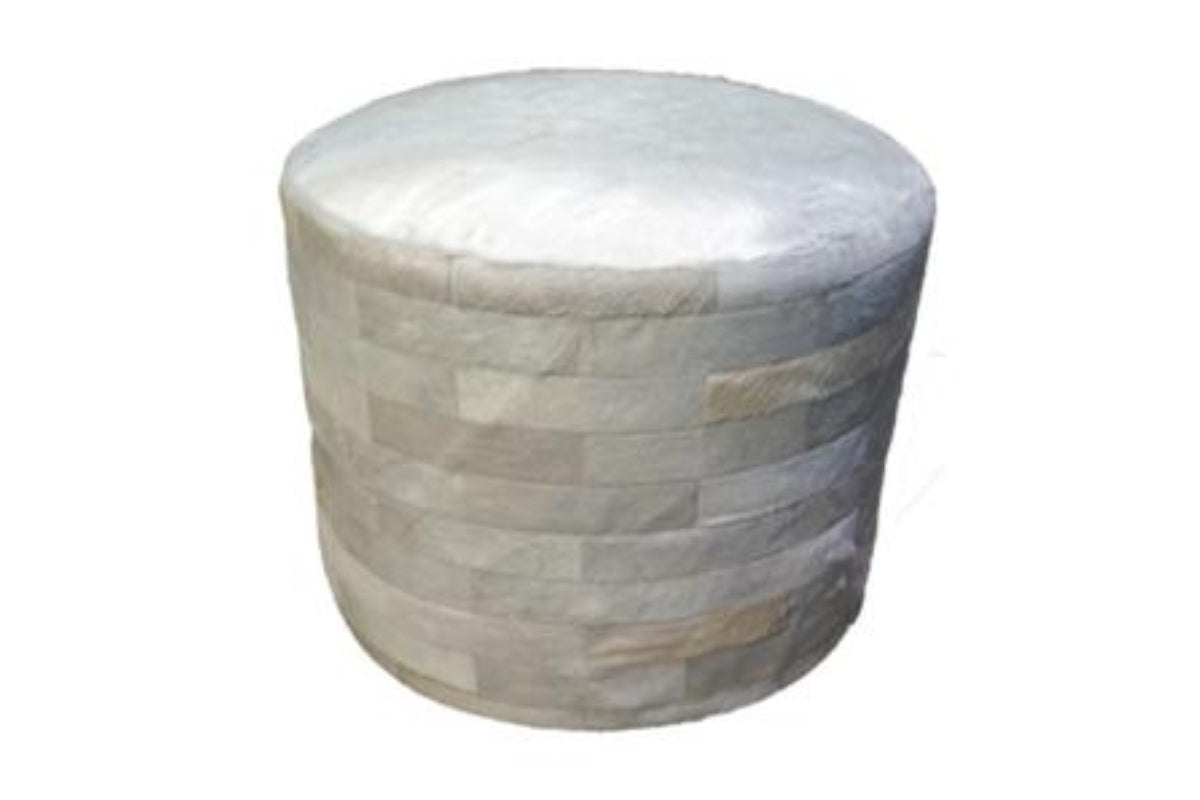 Cowhide 24" Round Patchwork Ottoman - white