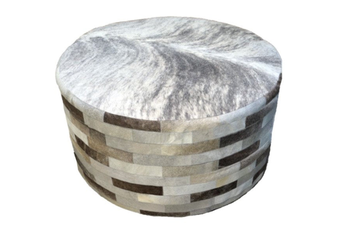 Cowhide 36" Round Patchwork Ottoman - gray