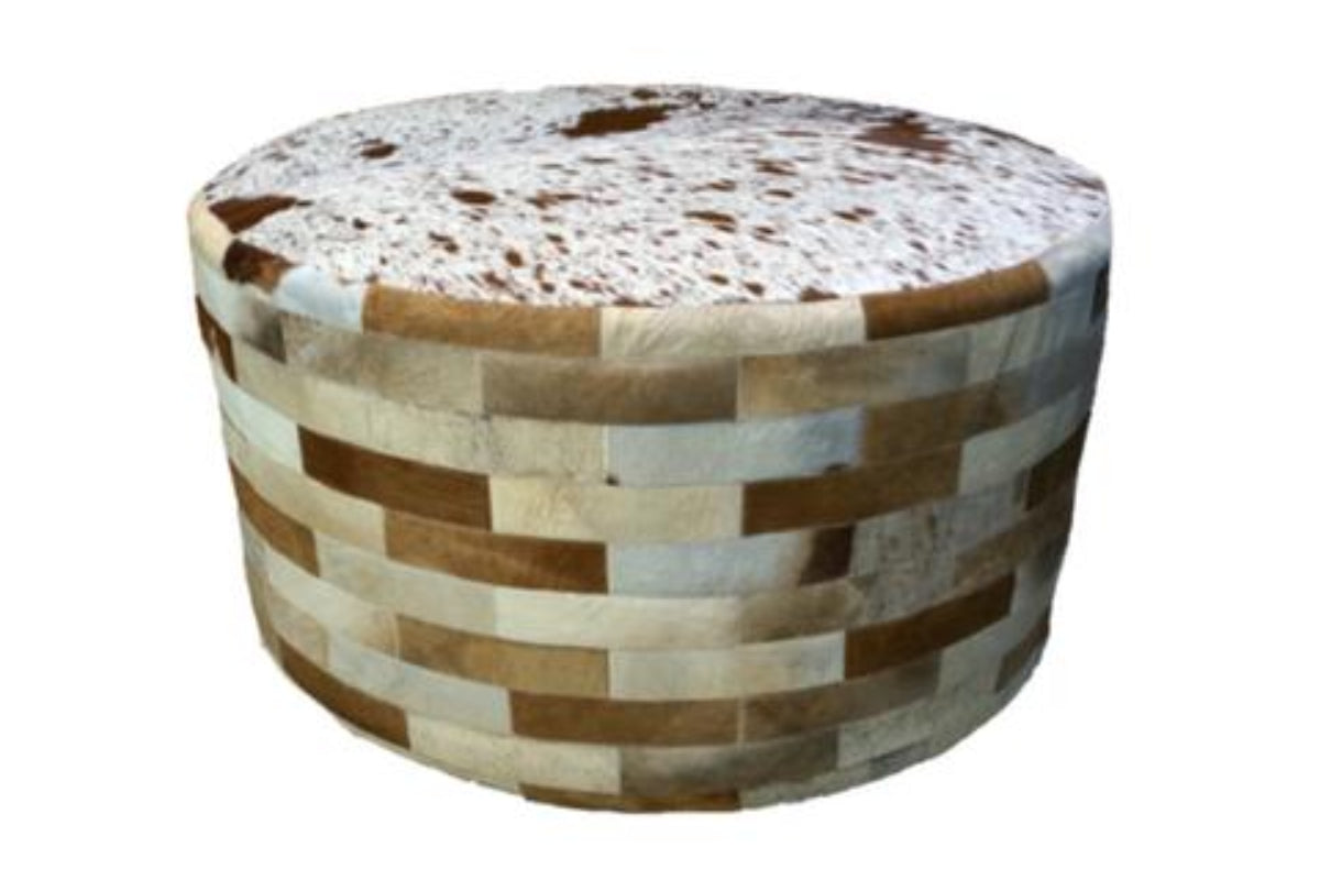 Cowhide 36" Round Patchwork Ottoman - light brown