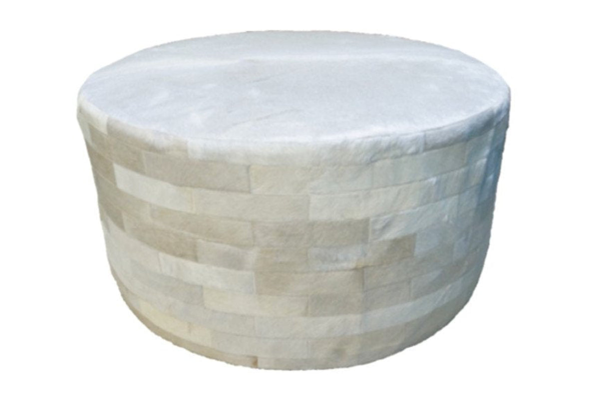 Cowhide 36" Round Patchwork Ottoman - white