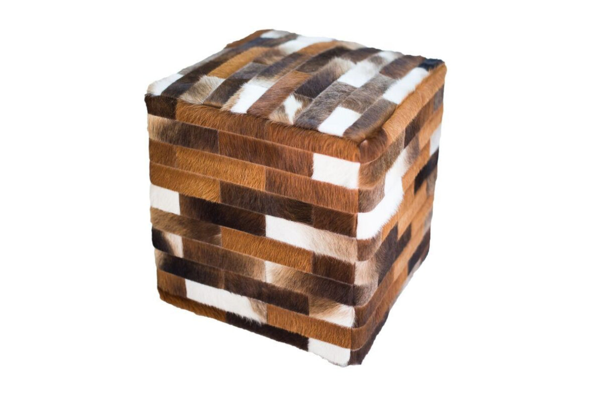 Cowhide Cube Patchwork Ottoman - Dark Brown