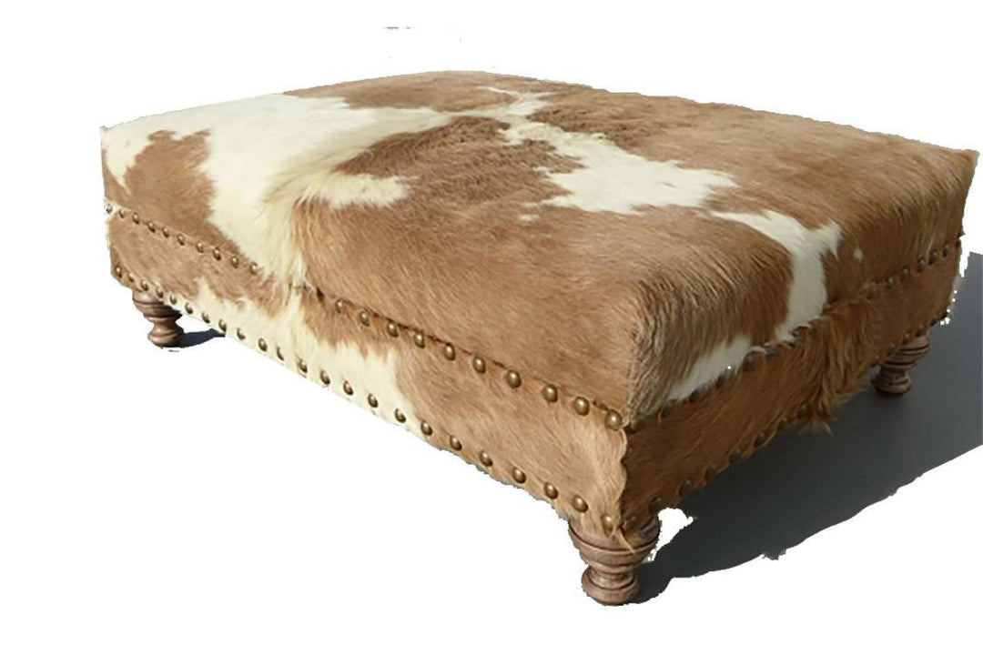 Custom Cowhide Ottoman - Beige/White