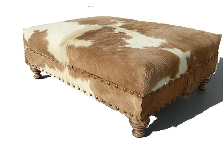 Custom Cowhide Ottoman - Beige/White