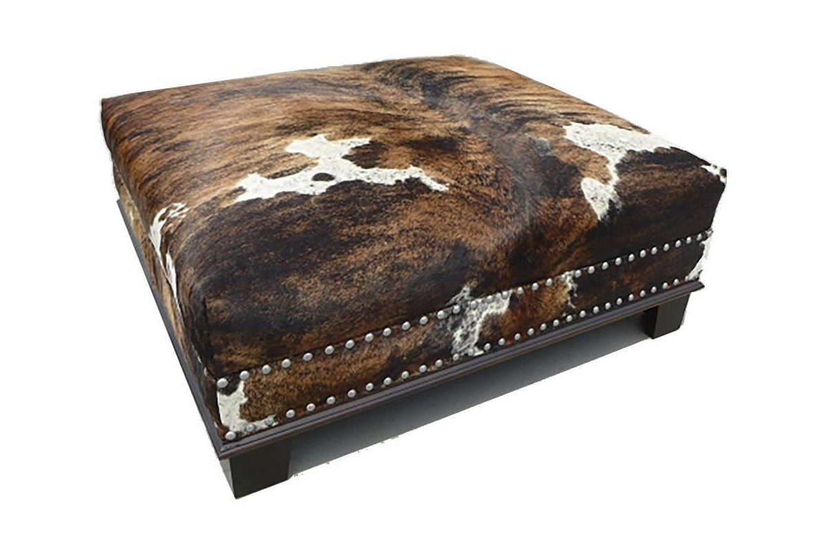 Custom Cowhide Ottoman - Brown Tricolor Brindle