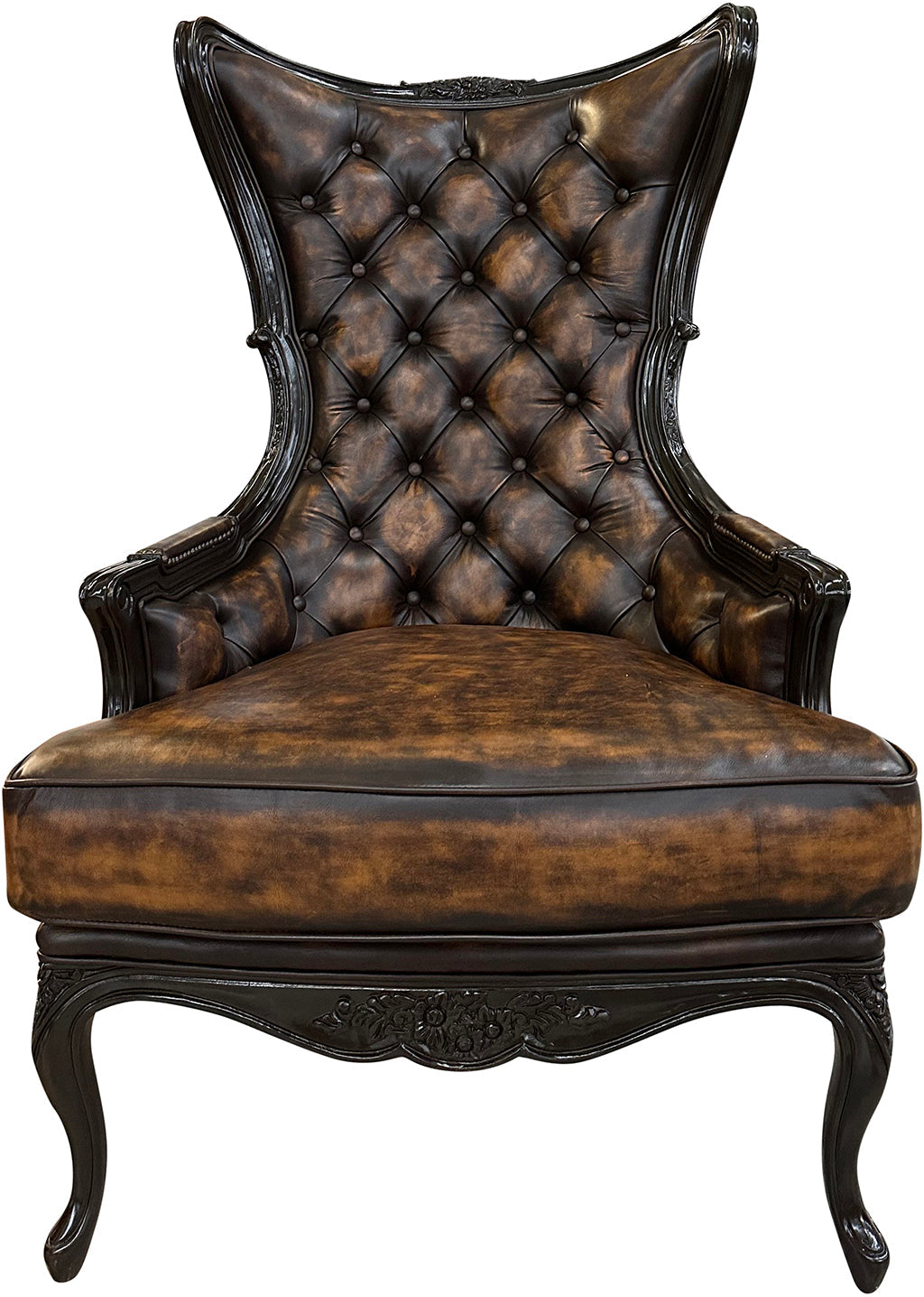 Curved Flared tufted Leather & Cowhide Wingback Chair