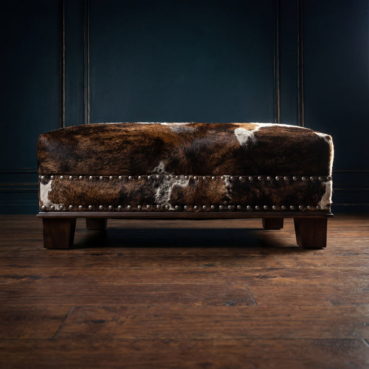 Custom Cowhide Ottoman - Brown Tricolor Brindle