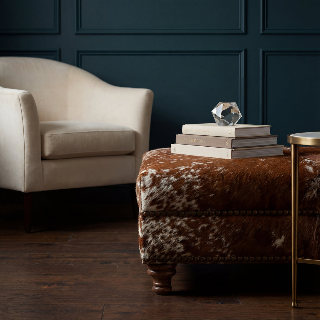 Custom Cowhide Ottoman - Speckled Brown and White