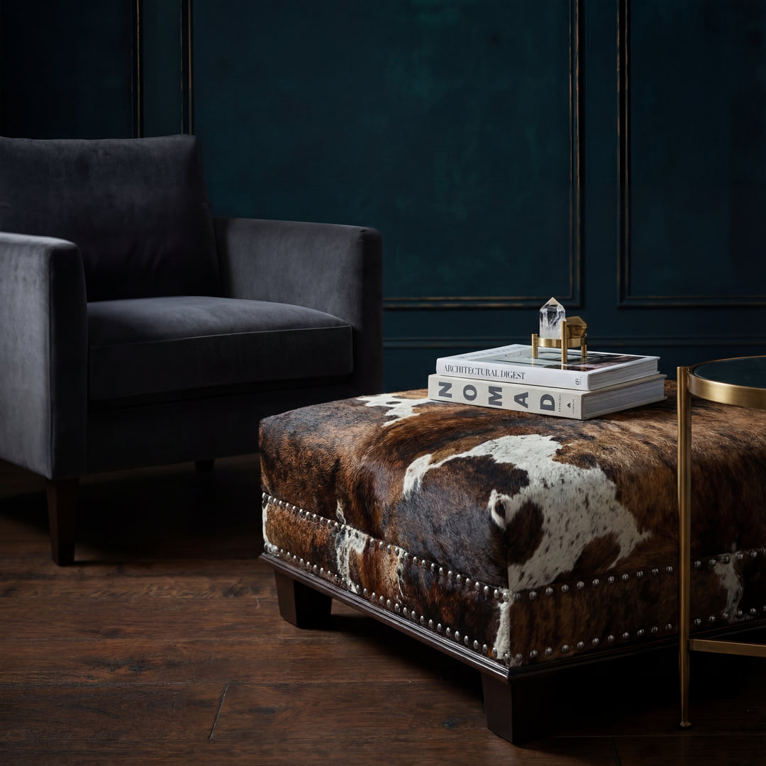 Custom Cowhide Ottoman - Brown Tricolor Brindle