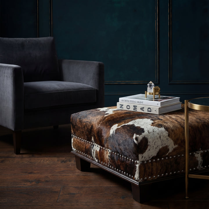 Custom Cowhide Ottoman - Brown Tricolor Brindle