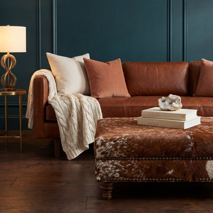 Custom Cowhide Ottoman - Speckled Brown and White