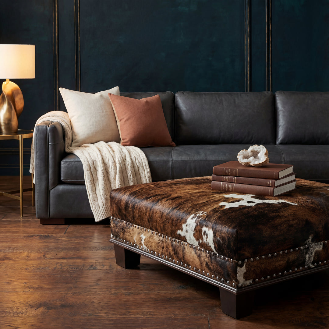 Custom Cowhide Ottoman - Brown Tricolor Brindle