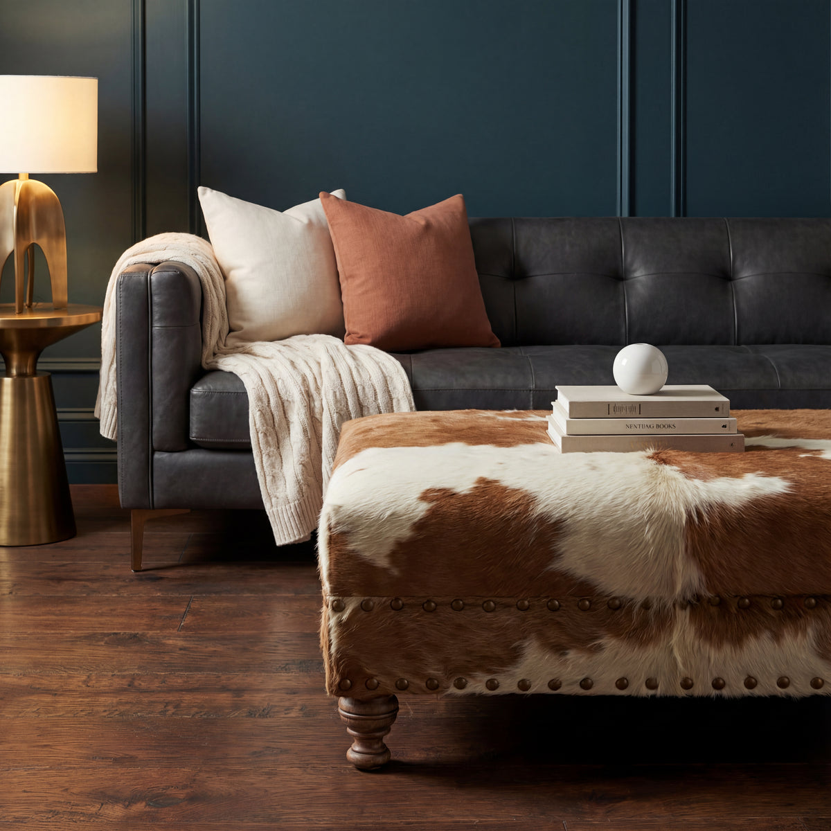 Custom Cowhide Ottoman - Beige/White