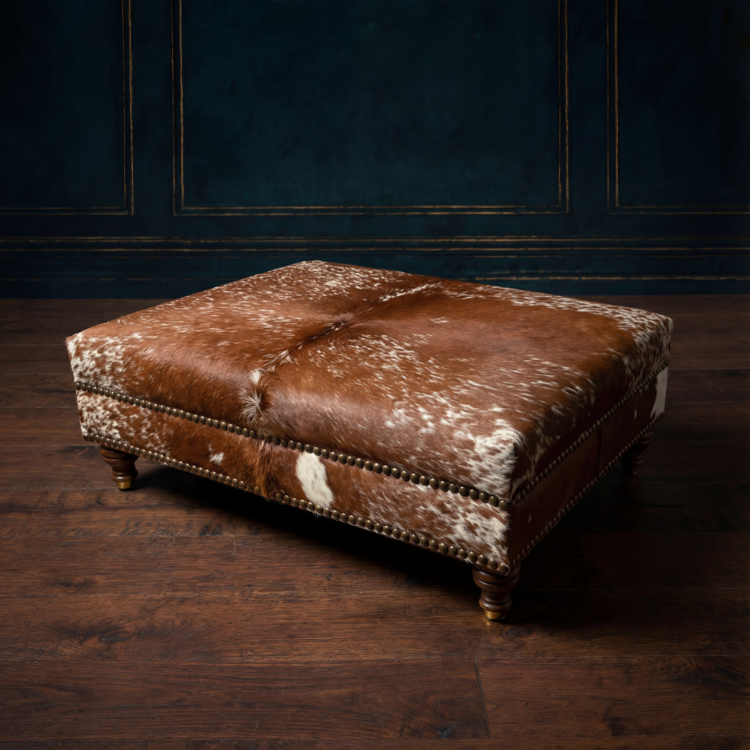 Custom Cowhide Ottoman - Speckled Brown and White