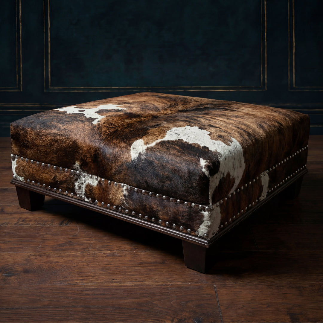Custom Cowhide Ottoman - Brown Tricolor Brindle