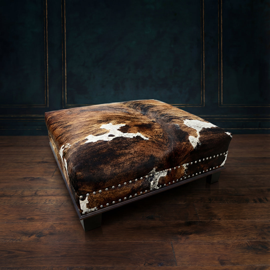 Custom Cowhide Ottoman - Brown Tricolor Brindle