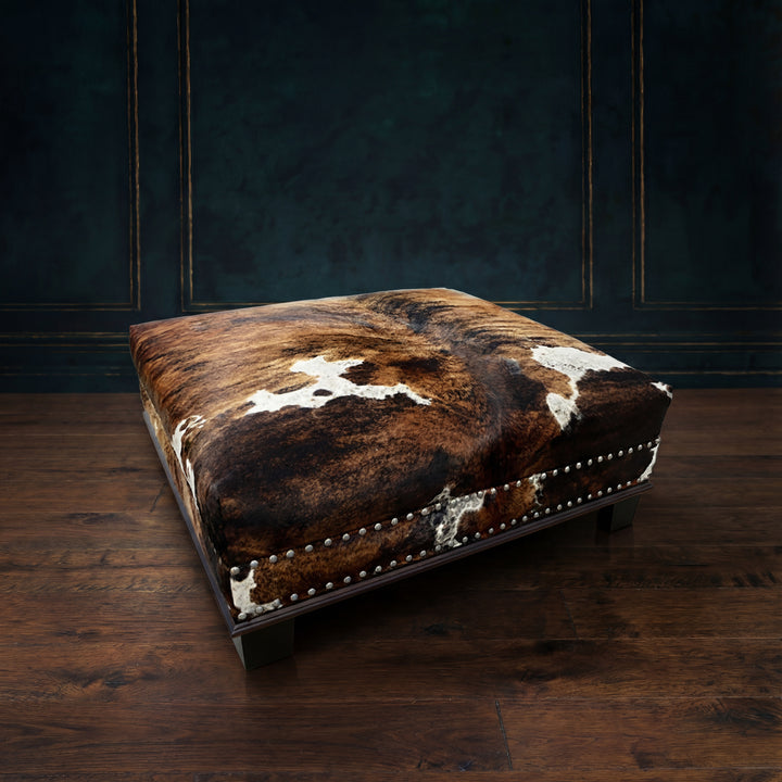 Custom Cowhide Ottoman - Brown Tricolor Brindle