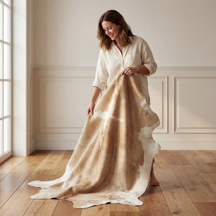 Beige and White Brazilian Cowhide Rug