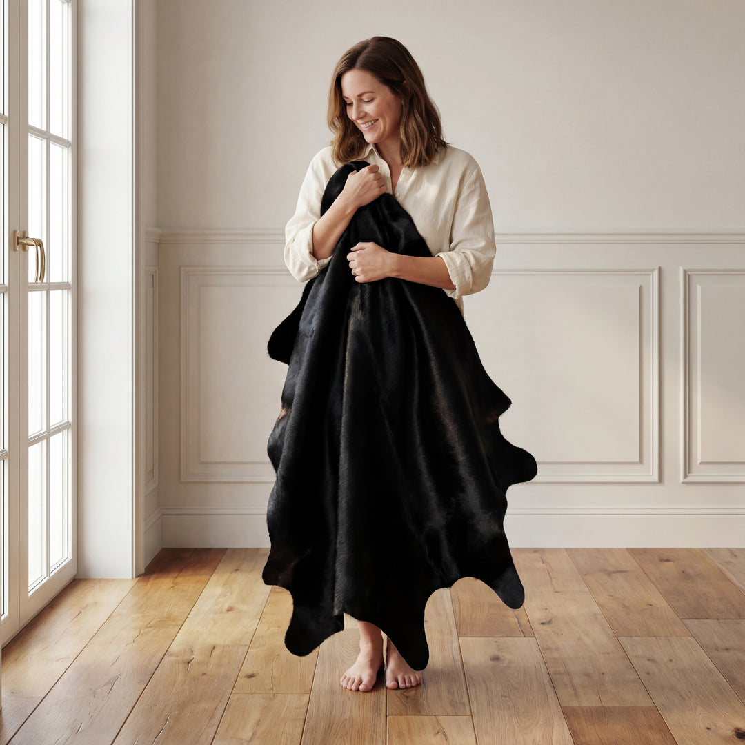 Solid Black Brazilian Cowhide Rug