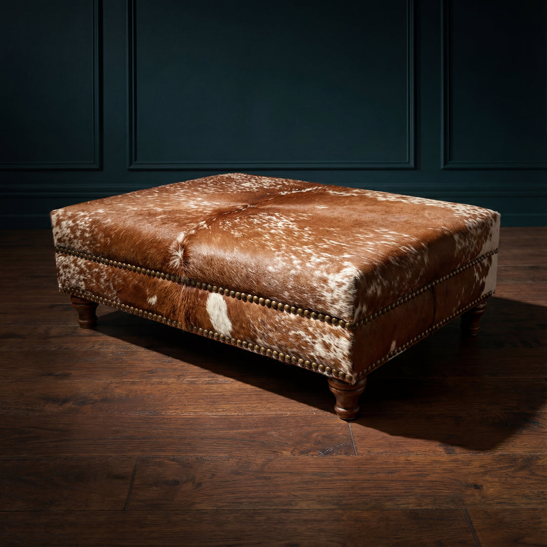 Custom Cowhide Ottoman - Speckled Brown and White