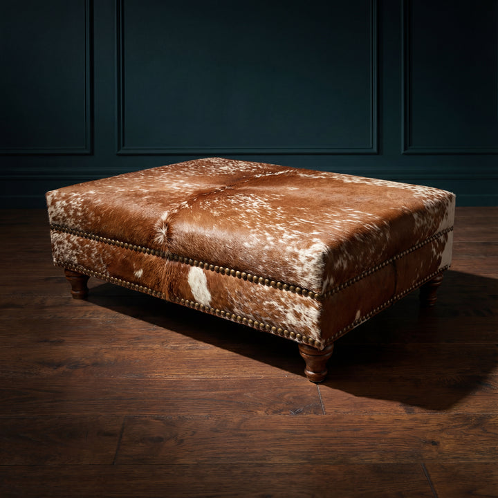 Custom Cowhide Ottoman - Speckled Brown and White