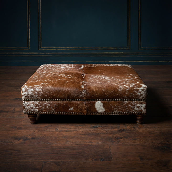 Custom Cowhide Ottoman - Speckled Brown and White