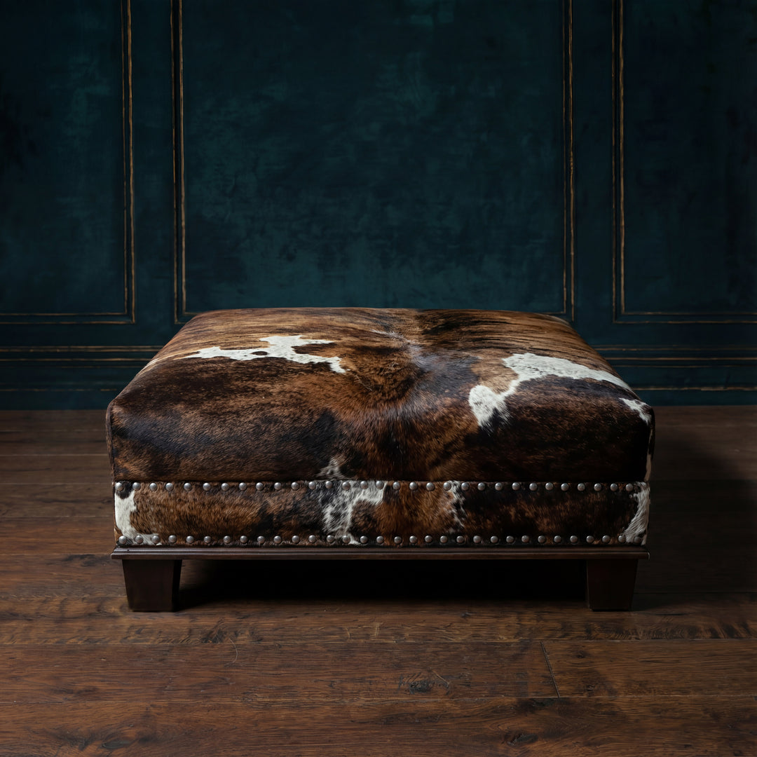 Custom Cowhide Ottoman - Brown Tricolor Brindle