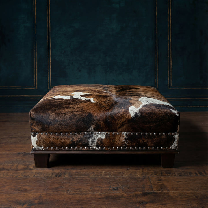 Custom Cowhide Ottoman - Brown Tricolor Brindle