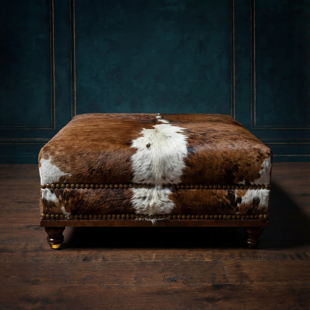 Custom Cowhide Ottoman - Brown and White