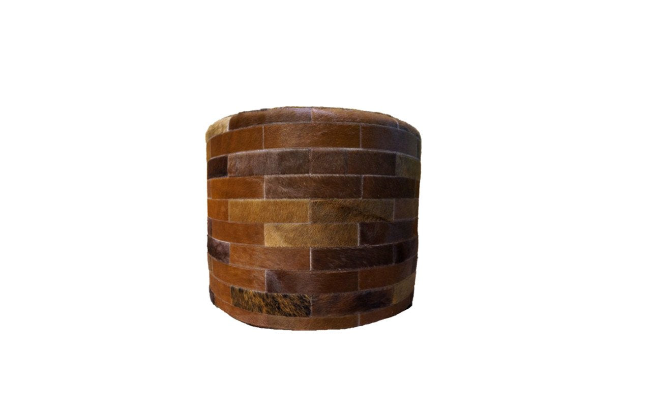 Cowhide 24" Round Patchwork Ottoman - dark brown