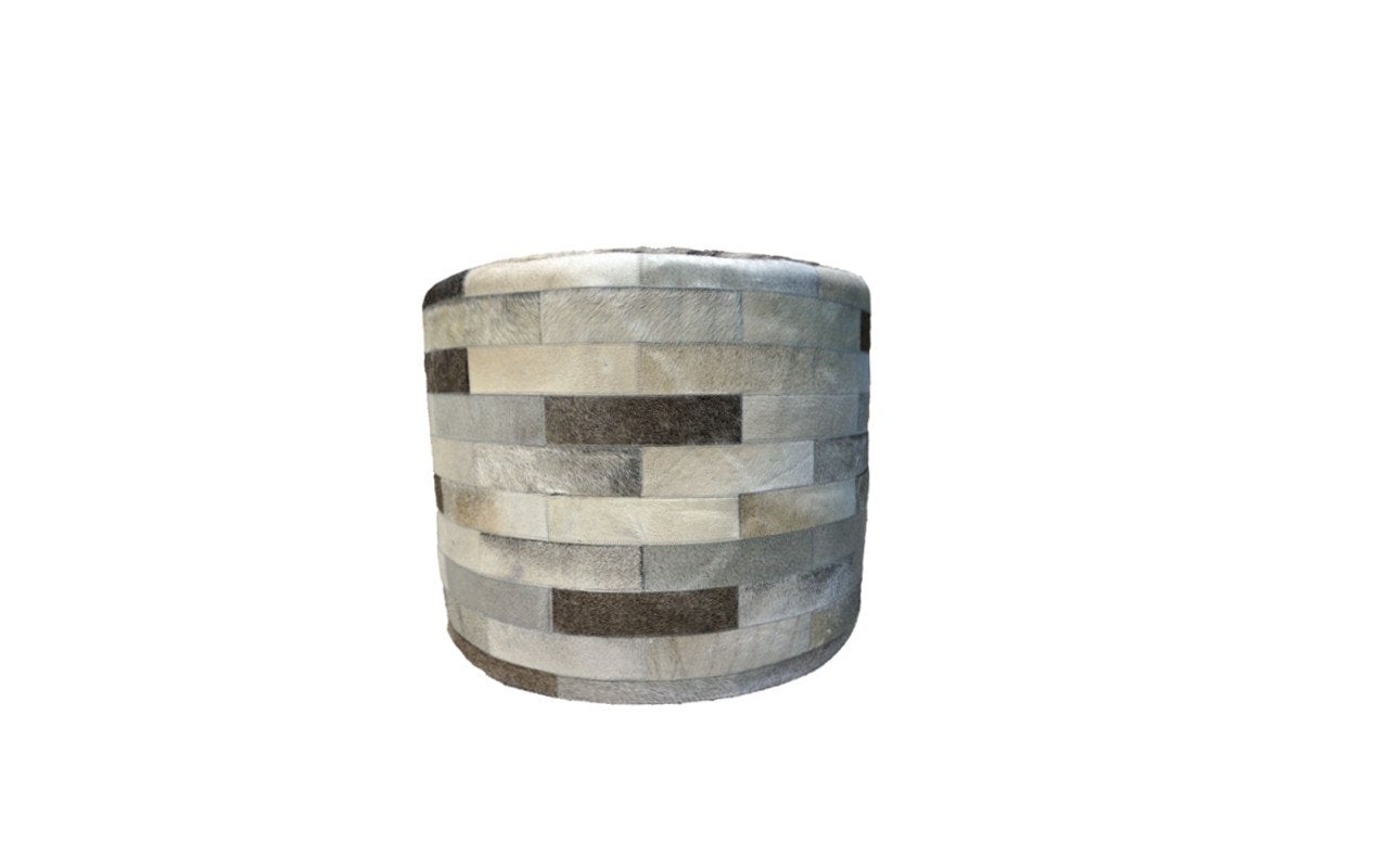 Cowhide 24" Round Patchwork Ottoman - Gray